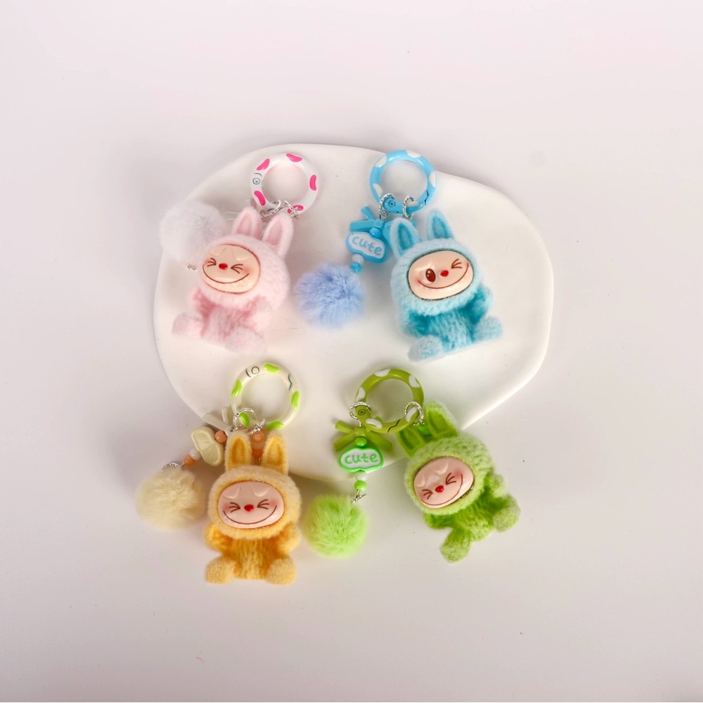 10PCs Fuzzy Labubu Keychains with Pom-pom. Cute Monster Bunny Charm-Not Pop Mart - Picture 3 of 16
